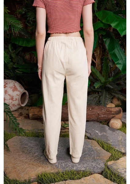 Beli Lastikli ve Bağcıklı Cepli Mom Fit Kadın Keten Pantolon Taş modelleri