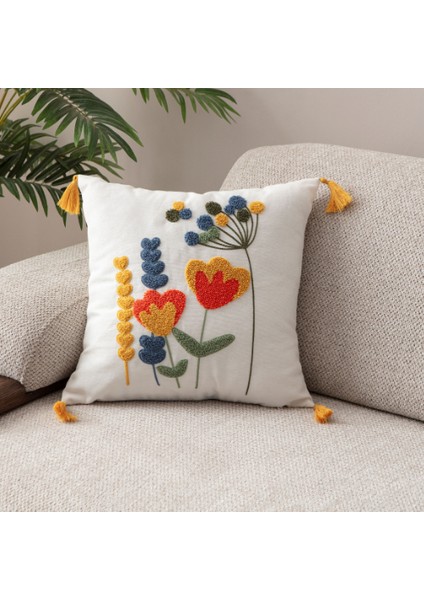 Comfort Punch Desenli Kırlent Kılıfı Kare Dekoratif Bohem Nakışlı Koltuk Yastık Kılıfı Panç 45X45