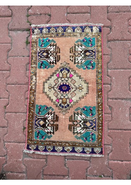 50X85 cm Nostaljik El Dokuma Halı, Pembe-Mavi Renkli, Oriental Desenli Küçük Türk Kilim, Şık Motifli Halı
