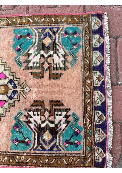 50X85 cm Nostaljik El Dokuma Halı, Pembe-Mavi Renkli, Oriental Desenli Küçük Türk Kilim, Şık Motifli Halı modelleri