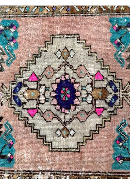 50X85 cm Nostaljik El Dokuma Halı, Pembe-Mavi Renkli, Oriental Desenli Küçük Türk Kilim, Şık Motifli Halı fırsatları