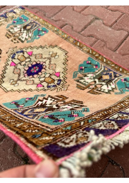 50X85 cm Nostaljik El Dokuma Halı, Pembe-Mavi Renkli, Oriental Desenli Küçük Türk Kilim, Şık Motifli Halı indirimleri