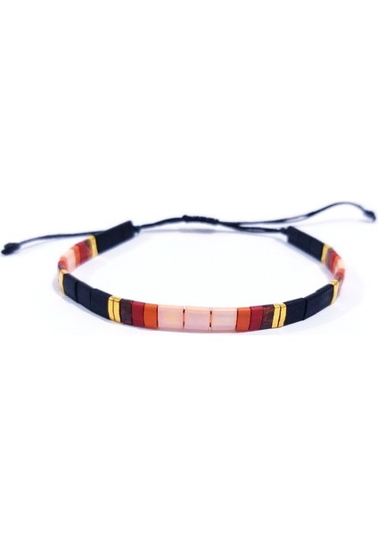 Somon Rengi Mat Siyah Turuncu Bordo ve Desenli Kırmızı Miyuki Tila Boncuklu Bileklik