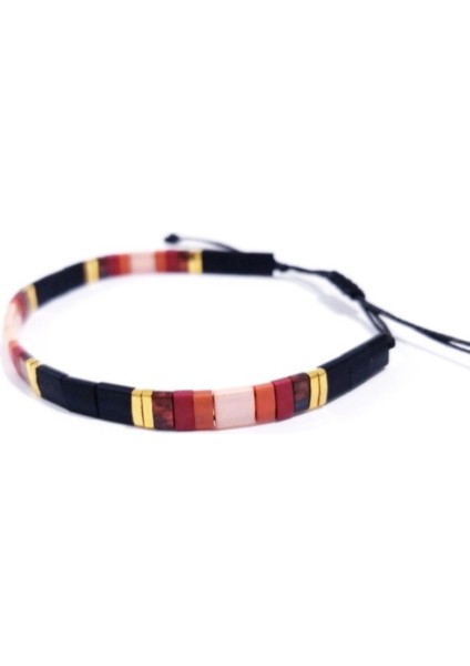 Somon Rengi Mat Siyah Turuncu Bordo ve Desenli Kırmızı Miyuki Tila Boncuklu Bileklik fiyatları
