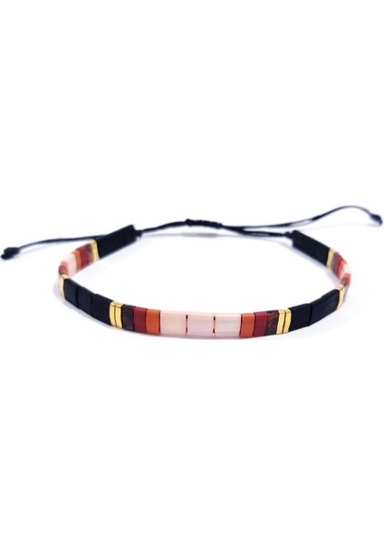 Somon Rengi Mat Siyah Turuncu Bordo ve Desenli Kırmızı Miyuki Tila Boncuklu Bileklik