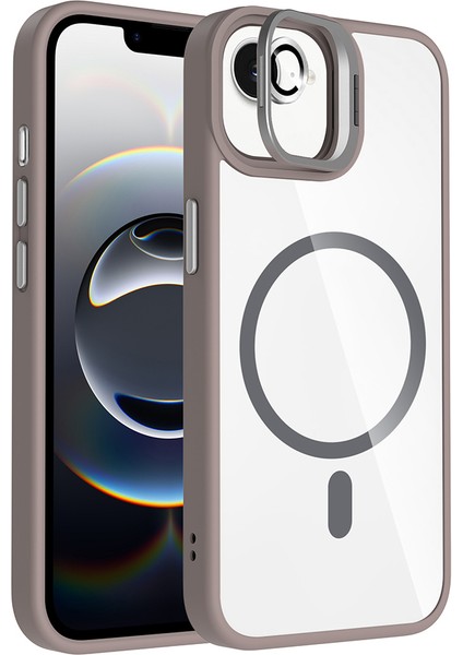 iPhone 16E Kılıf Standlı ve Kamera Lens Hediyeli M-Safe Şarj Özellikli Hlp Etro Kapak - Gri