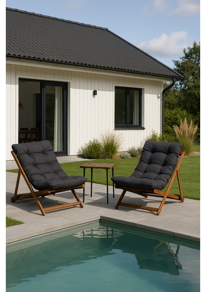 Minderli Ahşap Şezlong Set Katlanır 3 Kademeli Bahçe Balkon Teras Plaj Sandalyesi 2+1 Set Gri
