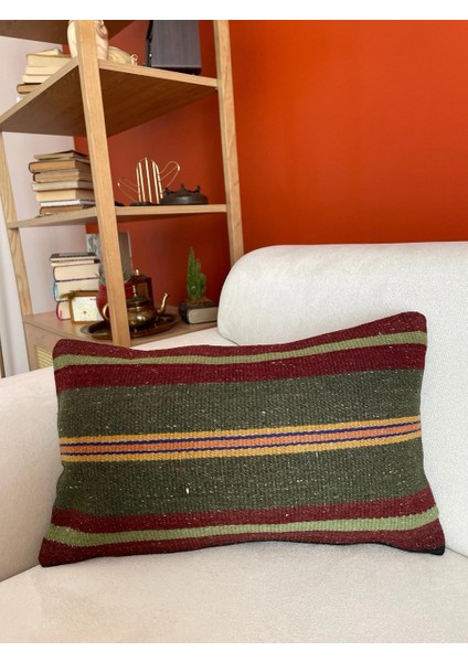 30X50 cm Kırmızı Yeşil Çizgili Desen El Dokuma Nostaljik Kırlent Kılıf Harika Retro Ev Dekoru