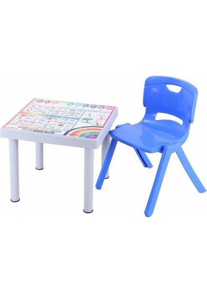 Plastik Mandella Rubi İngilizce Desenli Çocuk Masası 1 Adet Nova Büyük Çocuk Koltuk Mavi