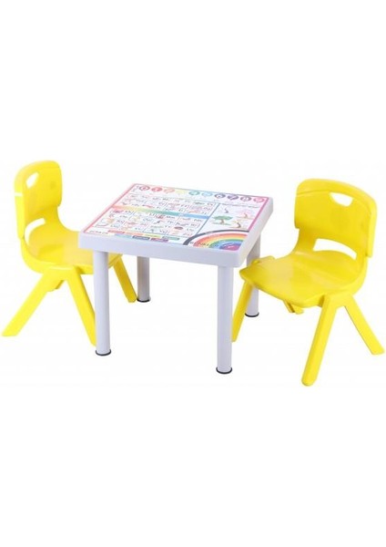 Plastik Mandella Rubi Türkçe Desenli Çocuk Masası 2 Adet Nova Orta Çocuk Koltuk Sarı