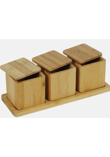 3'lü Kapaklı Bambu Saklama Kabı Seti | Doğal Ahşap Standlı