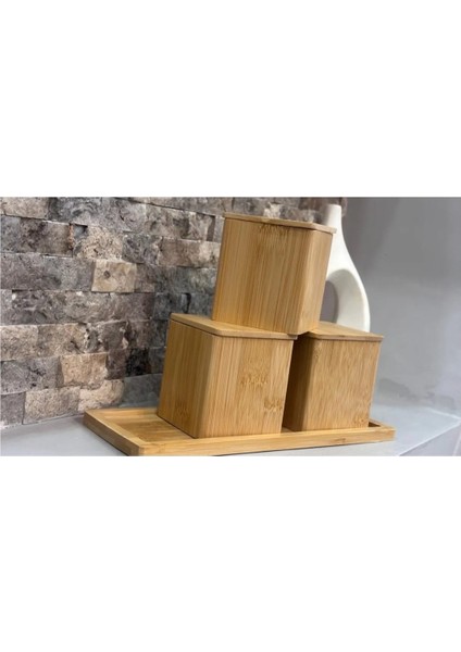 3'lü Kapaklı Bambu Saklama Kabı Seti | Doğal Ahşap Standlı fiyatları