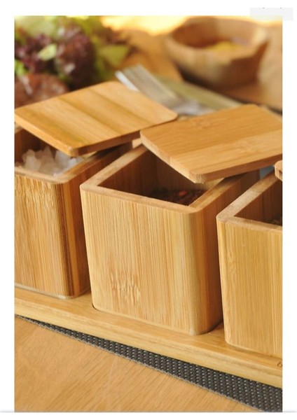 3'lü Kapaklı Bambu Saklama Kabı Seti | Doğal Ahşap Standlı modelleri