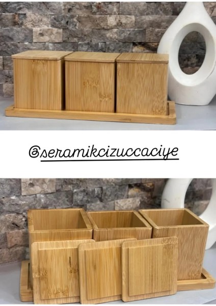 3'lü Kapaklı Bambu Saklama Kabı Seti | Doğal Ahşap Standlı fırsatları