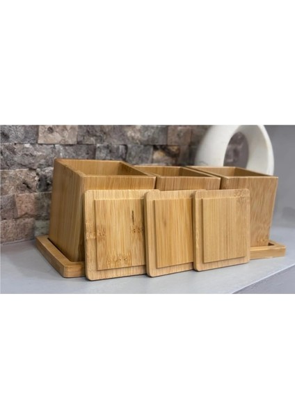 3'lü Kapaklı Bambu Saklama Kabı Seti | Doğal Ahşap Standlı indirimleri