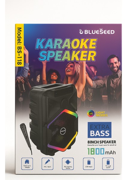 BS-118 Kablolu Mikrofonlu Karaoke Hoparlör | LED Işıklı, 8 Inç, Ekstra Bass, Taşınabilir Bluetooth Speaker modelleri