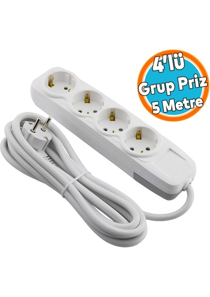 5 Metre Kablolu 4'lü Topraklı Grup Priz Fiş Çoğaltıcı Çoklu Uzatma Kablosu Anahtarsız