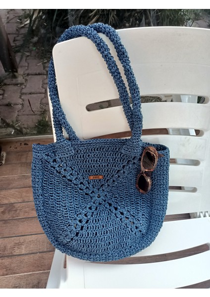 Hasır Kağıt Ip Omuz Çantası Hafif, Geniş, El Yapımı Lacivert
