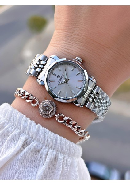 Çelik Kordon 2 Yıl Garantili 30 mt Suya Dayanıklı Kadın Kol Saati+Bileklik HM.B26416.1
