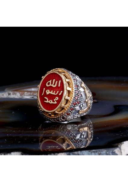 Erkek 925 Ayar Gümüş Yüzük – Muhammed Resulullah Kırmızı Yazılı Taş