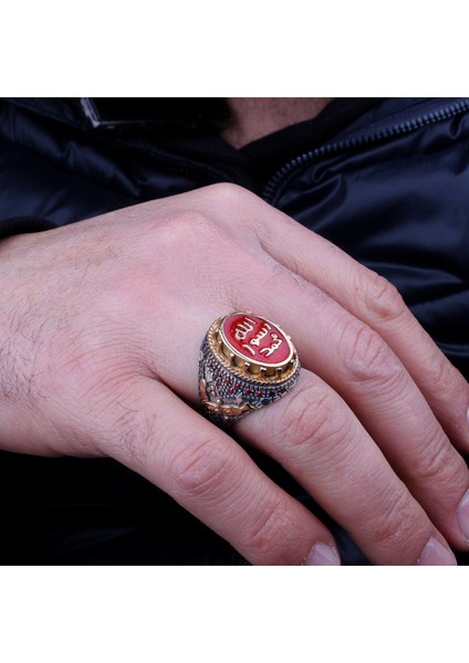 Erkek 925 Ayar Gümüş Yüzük – Muhammed Resulullah Kırmızı Yazılı Taş fiyatları