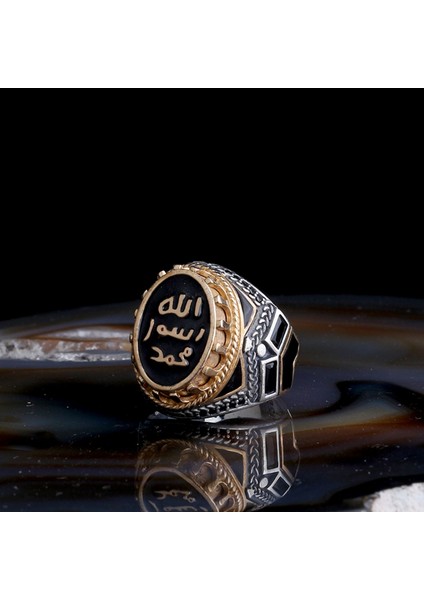Erkek 925 Ayar Gümüş Yüzük – Muhammed Resulullah Siyah Yazılı Taş