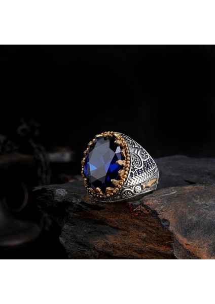 Erkek 925 Ayar Gümüş Yüzük – Kılıç Işlemeli Mineli El Yapımı Gümüş Yüzük