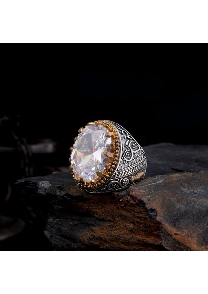 Erkek 925 Ayar Gümüş Yüzük – Kılıç Işlemeli Mineli El Yapımı Gümüş Yüzük