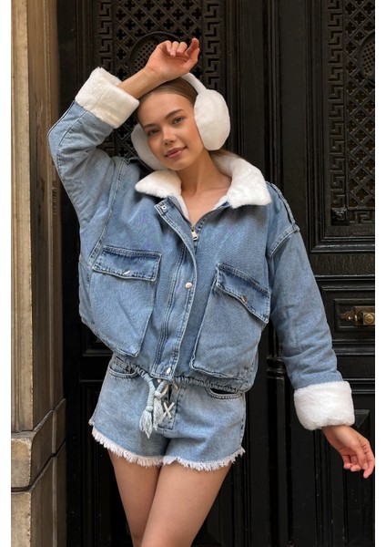Kadın Oversize Suni Kürk Yakalı Jean Ceket - Peluş Detaylı Bomber