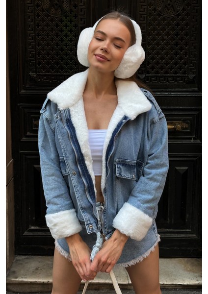 Kadın Oversize Suni Kürk Yakalı Jean Ceket - Peluş Detaylı Bomber modelleri