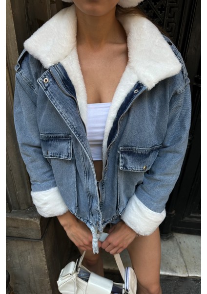 Kadın Oversize Suni Kürk Yakalı Jean Ceket - Peluş Detaylı Bomber indirimleri