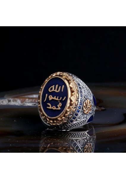 Erkek 925 Ayar Gümüş Yüzük – Muhammed Resulullah Mavi Yazılı Taş