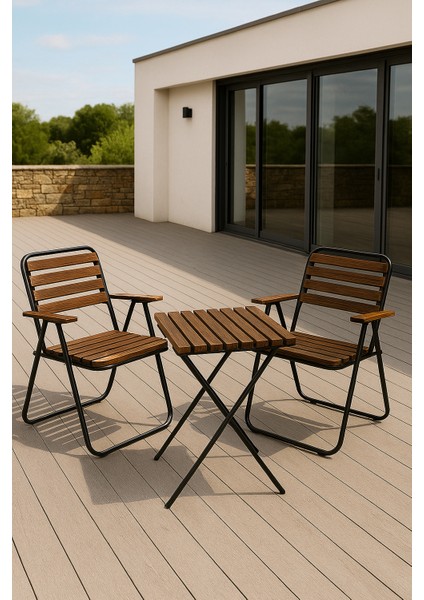 Metal Ahşap Bistro Set Balkon Bahçe Mutfak 3'lü Katlanır Masa Sandalye Seti