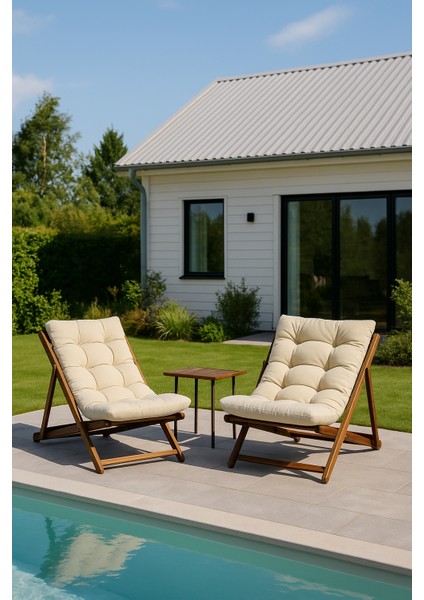Minderli Ahşap Şezlong Set Katlanır 3 Kademeli Bahçe Balkon Teras Plaj Sandalyesi 2+1 Set Bej