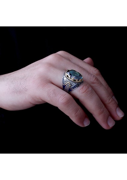 925 Ayar Parlak Safir Taşlı Melek Figürlü Gümüş Erkek Yüzük