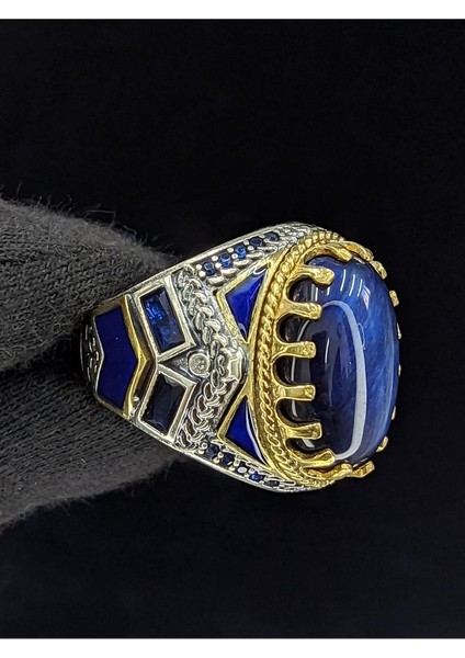 Mavi Mineli Mikro Taşlı Oval Kaplan Gözü Taşlı 925 Ayar Erkek Gümüş Yüzük