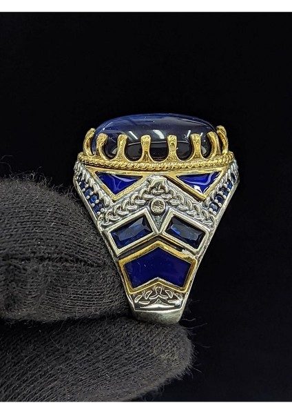 Mavi Mineli Mikro Taşlı Oval Kaplan Gözü Taşlı 925 Ayar Erkek Gümüş Yüzük fiyatları