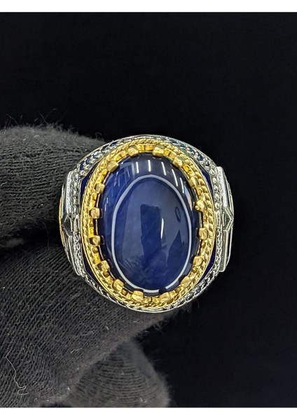 Mavi Mineli Mikro Taşlı Oval Kaplan Gözü Taşlı 925 Ayar Erkek Gümüş Yüzük modelleri