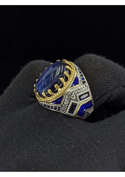 Mavi Mineli Mikro Taşlı Oval Kaplan Gözü Taşlı 925 Ayar Erkek Gümüş Yüzük fırsatları