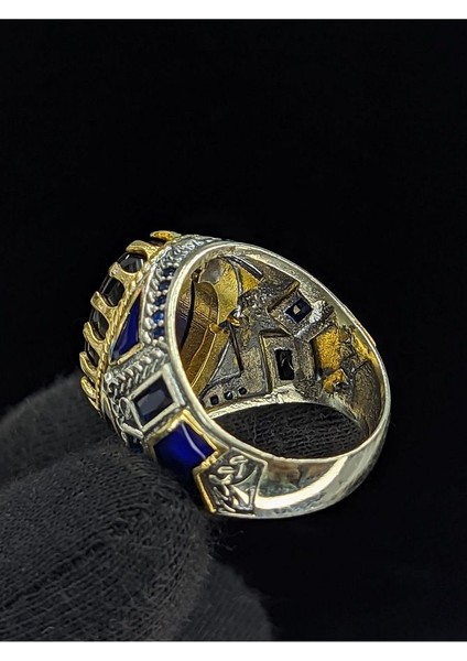 Mavi Mineli Mikro Taşlı Oval Kaplan Gözü Taşlı 925 Ayar Erkek Gümüş Yüzük indirimleri
