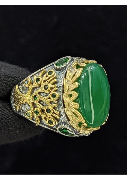 Yaşam Ağacı Modelli Oval Akik Taşlı 925 Ayar Erkek Gümüş Yüzük