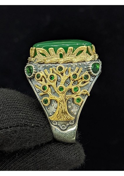 Yaşam Ağacı Modelli Oval Akik Taşlı 925 Ayar Erkek Gümüş Yüzük fiyatları