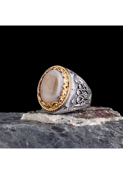 925 Ayar Erkek Mineli Mikro Taş Işlemeli Gümüş Yüzük