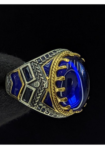 Mavi Mineli Mikro Taşlı Oval Parlak Safir Cam Taşlı 925 Ayar Erkek Gümüş Yüzük