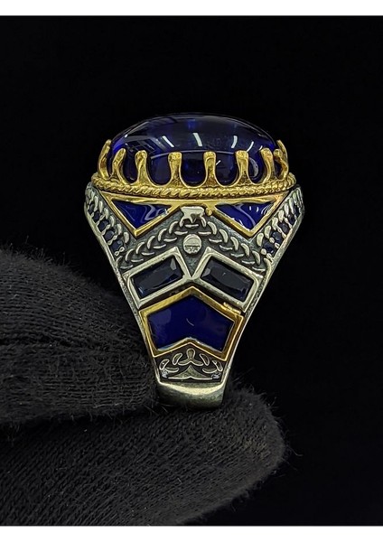 Mavi Mineli Mikro Taşlı Oval Parlak Safir Cam Taşlı 925 Ayar Erkek Gümüş Yüzük fiyatları