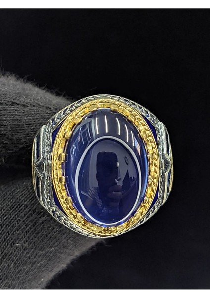 Mavi Mineli Mikro Taşlı Oval Parlak Safir Cam Taşlı 925 Ayar Erkek Gümüş Yüzük modelleri