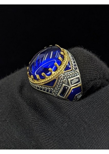 Mavi Mineli Mikro Taşlı Oval Parlak Safir Cam Taşlı 925 Ayar Erkek Gümüş Yüzük fırsatları