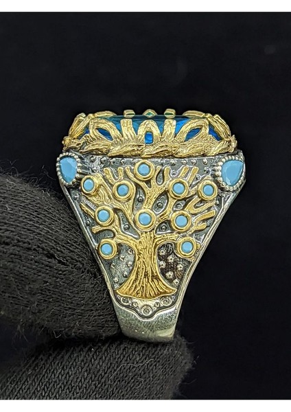 Yaşam Ağacı Modelli Oval Aqua Marin Taşlı 925 Ayar Erkek Gümüş Yüzük fiyatları