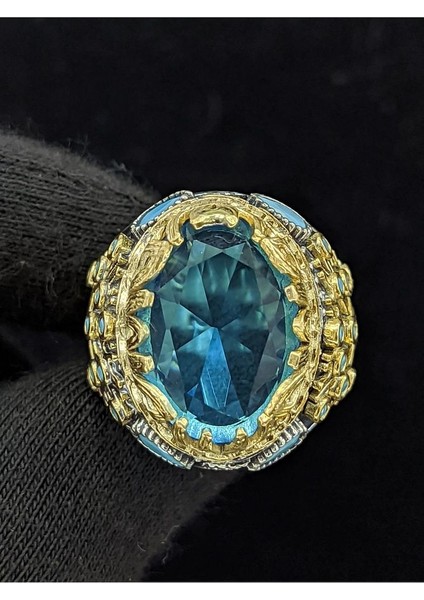 Yaşam Ağacı Modelli Oval Aqua Marin Taşlı 925 Ayar Erkek Gümüş Yüzük modelleri