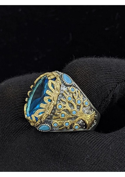 Yaşam Ağacı Modelli Oval Aqua Marin Taşlı 925 Ayar Erkek Gümüş Yüzük fırsatları